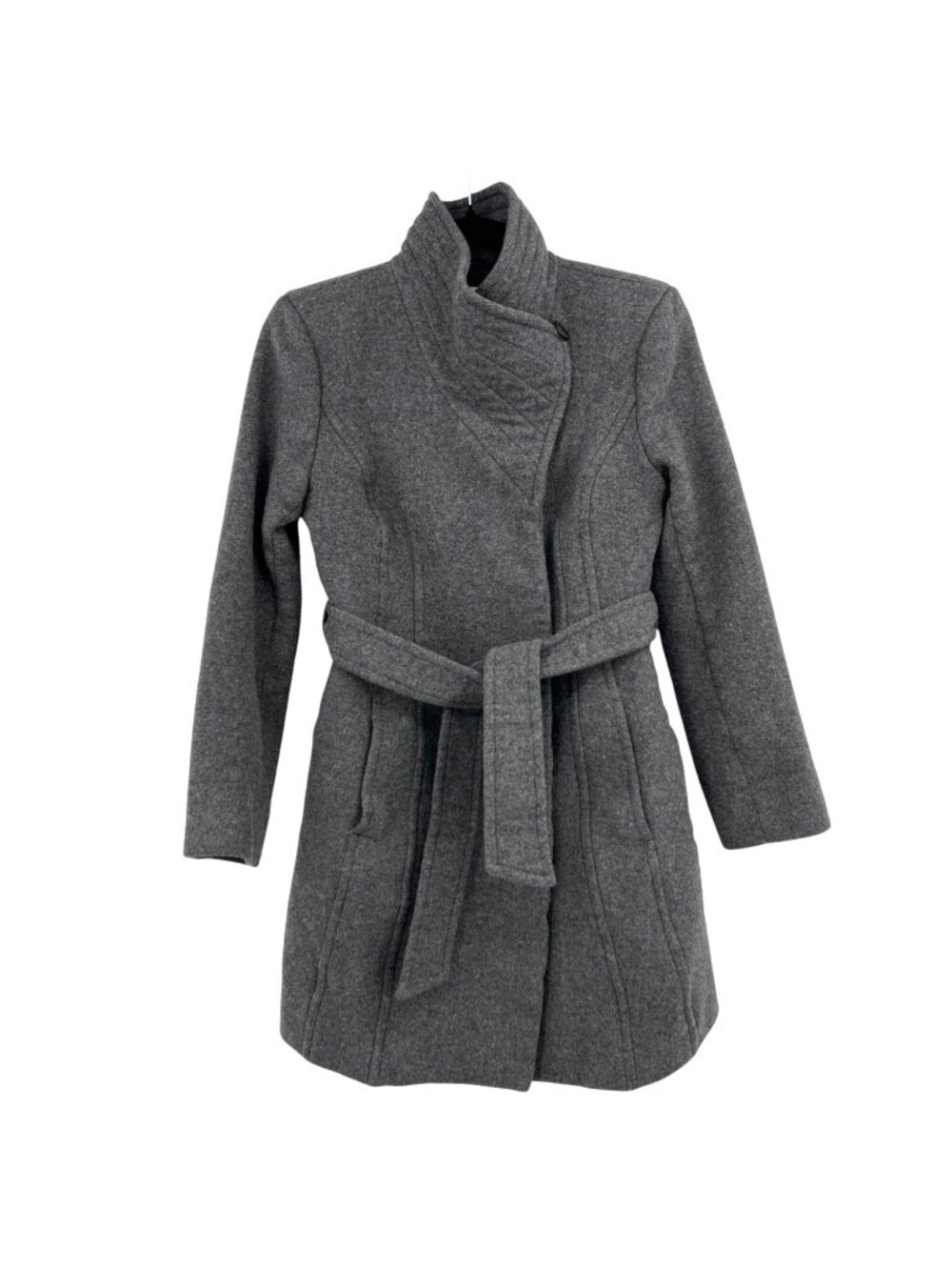 Babaton Connor Button-up Wrap Coat Funnel Neck Size XS Gray Wool-Blend Belted
